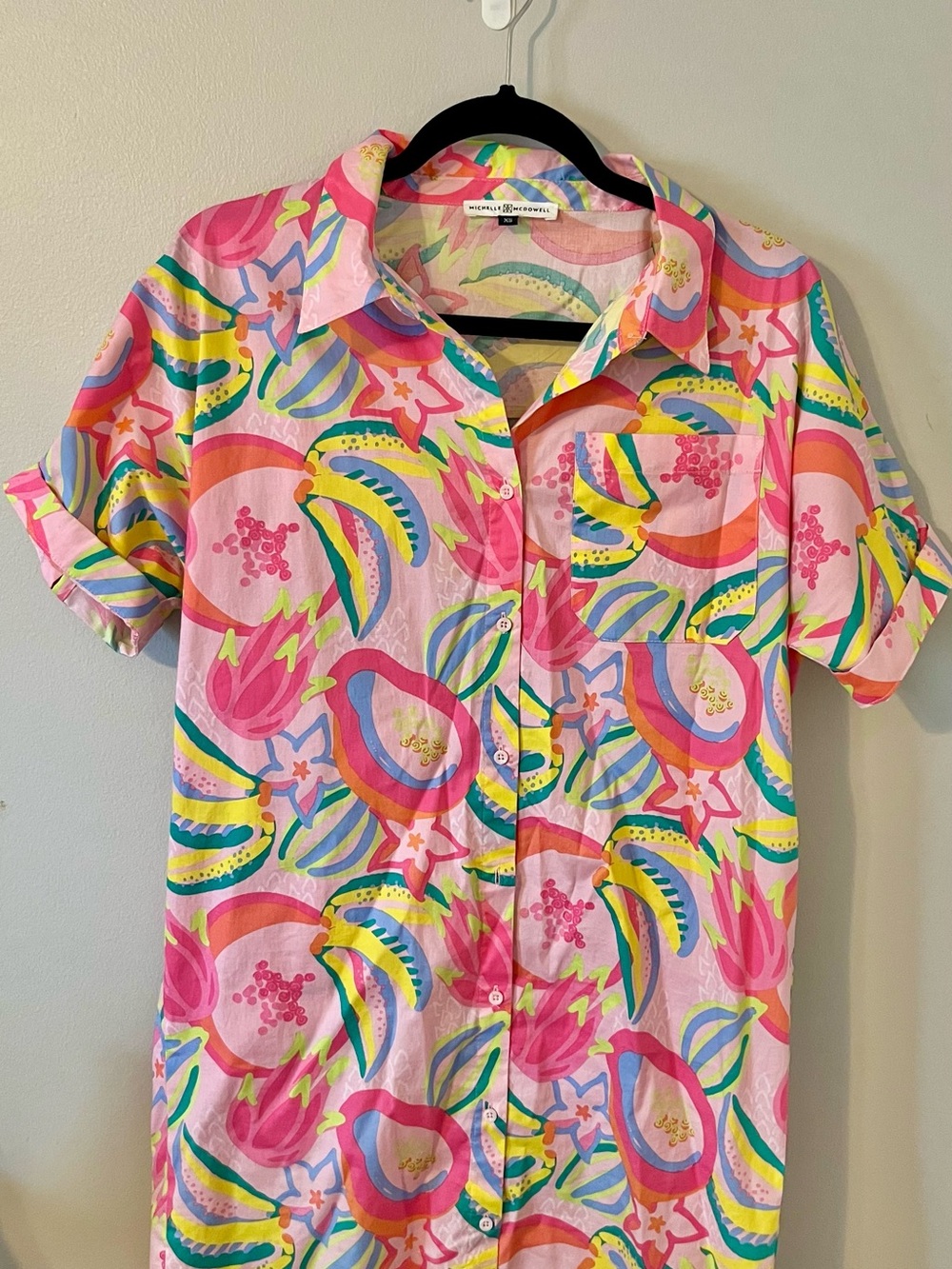 Colorful Pink Tropical Button-Down Shirt Dress